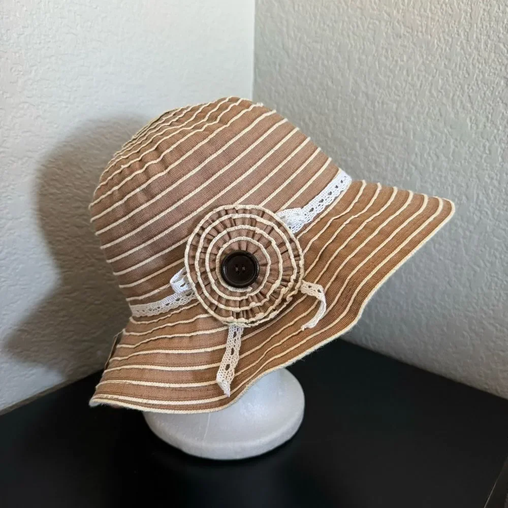 Kallina Brown White Embellished Striped Round Sun Hat NWT